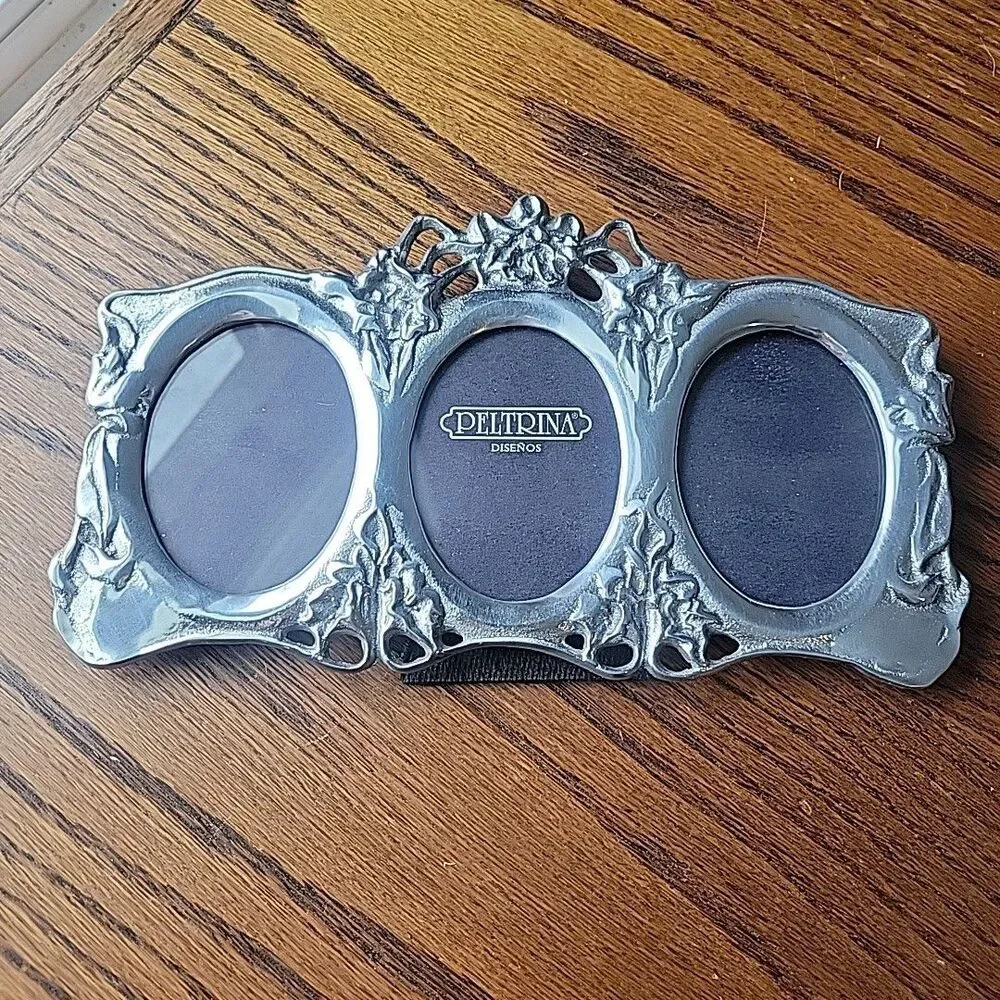 Vtg Art Nouveau Style Photo Frame Flowers 3 Oval Pictures Silver Cast Metal